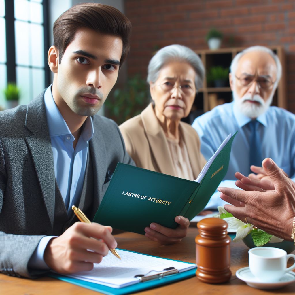 A son signs the power of attorney while his parents sit in the backgorund looking on