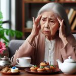 An elderly lady holding her temples looking worried. Tea and cake are on atable in front of her